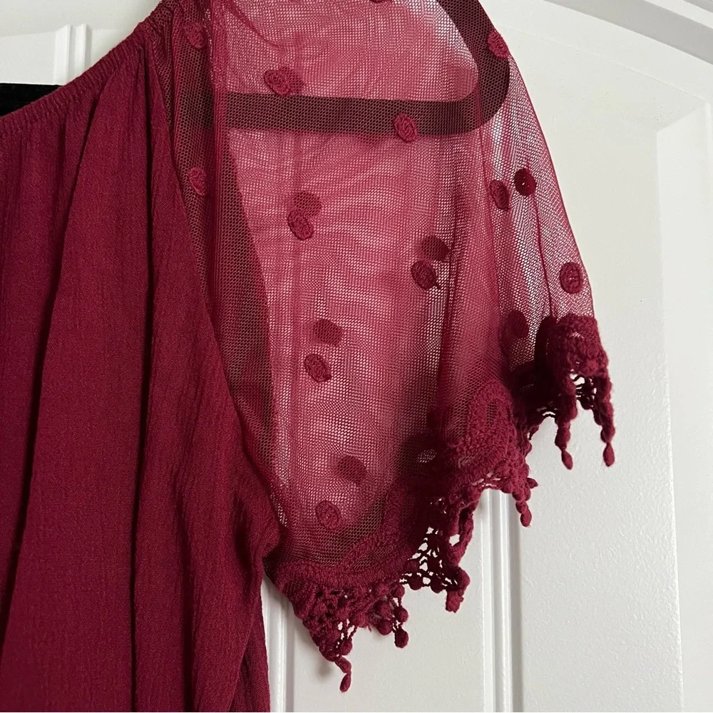 Papaya Burgundy Boho Blouse Sheer Lace Puff Sleeve Top Rayon Size Large - Picture 3 of 3